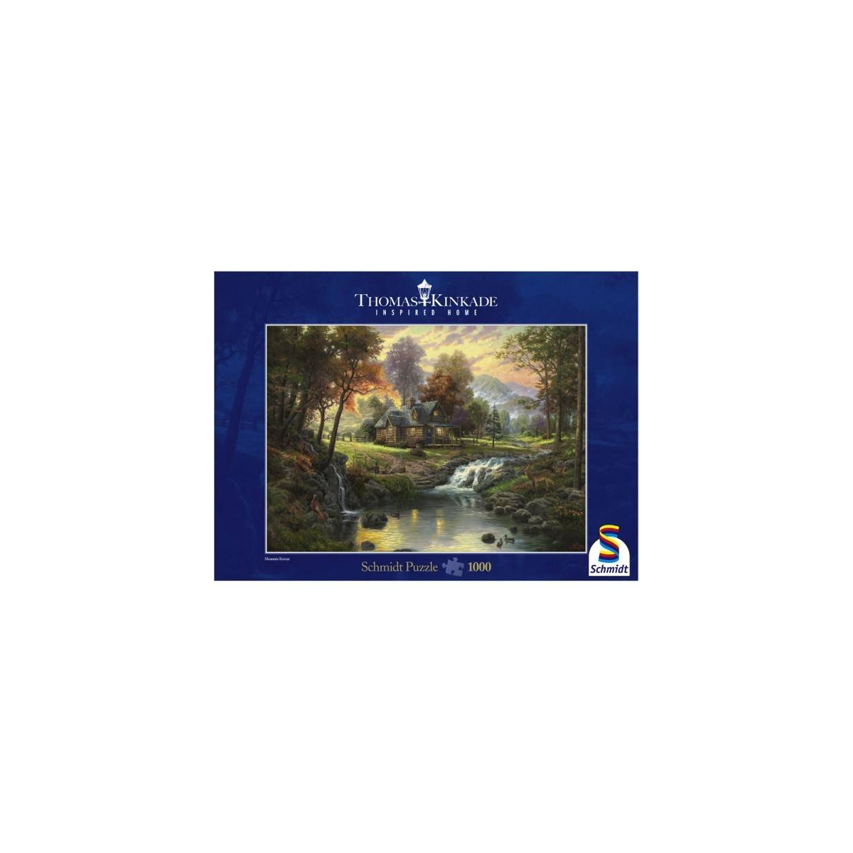 Pudełko z puzzlami Thomasa Kinkade. Scena krajobrazu z chatą, wodospadem i drzewami.