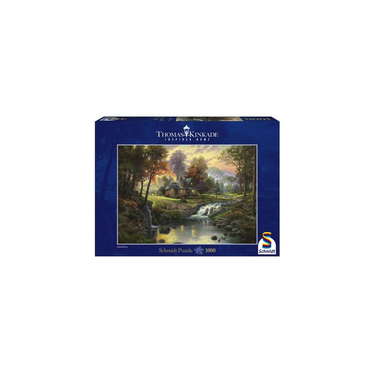 Pudełko z puzzlami przedstawia krajobraz z chatą, strumieniem i drzewami. Tytuł brzmi Thomas Kinkade.