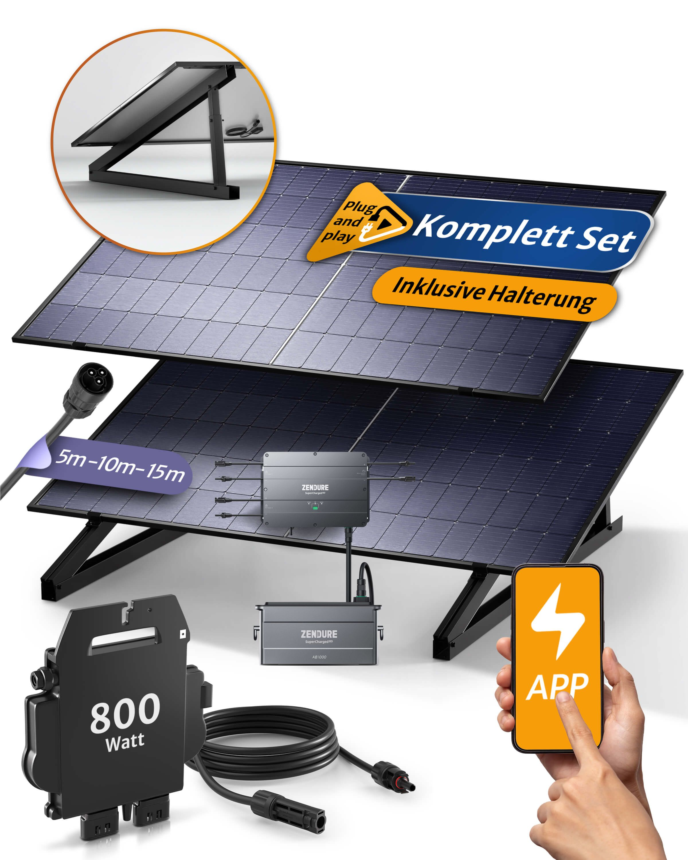 STROMGANZEINFACH - inkl. Speicher 15m mit 1kWh Balkon-Solaranlage Batterie Kabel 850W Flachdach-Halterung