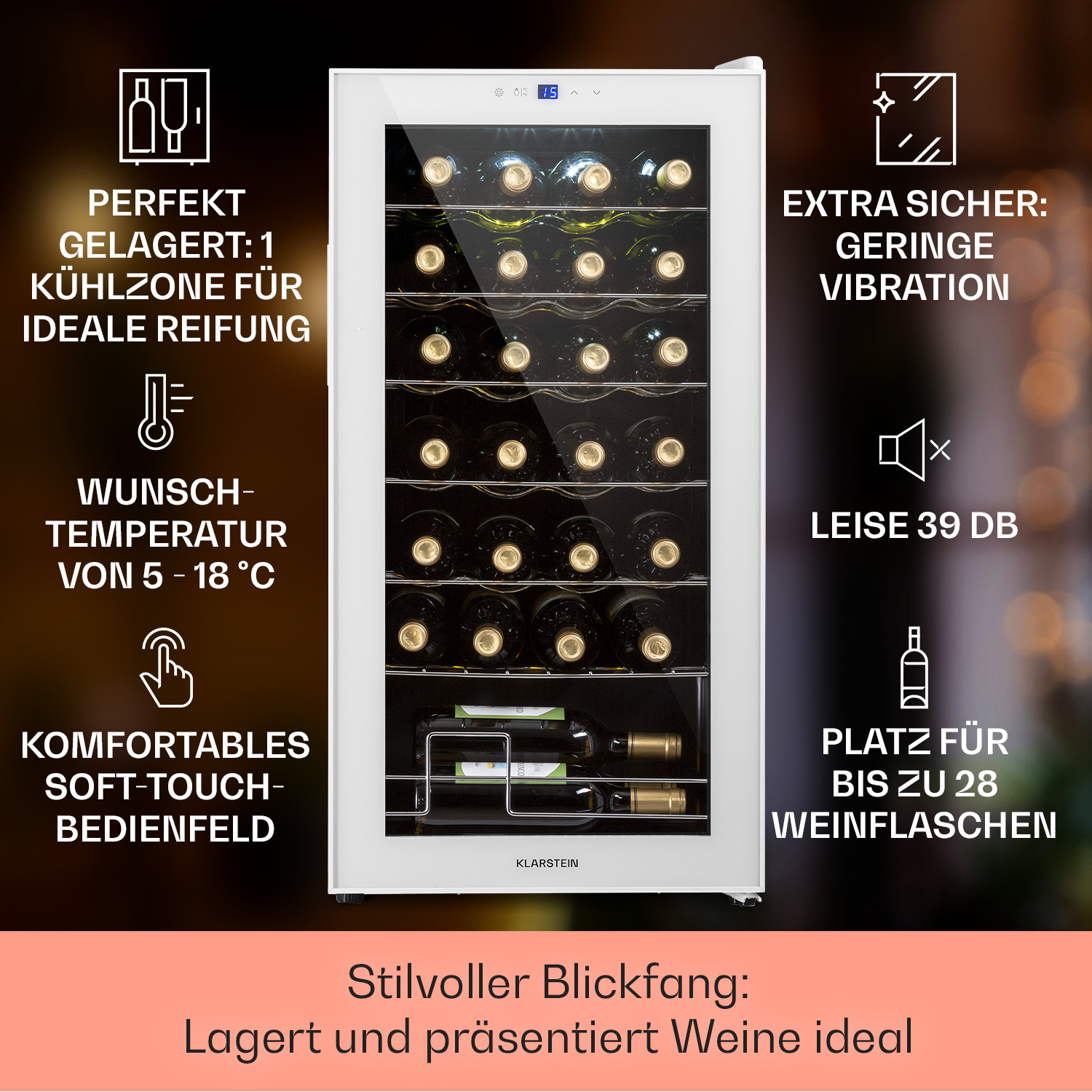 Weinkühler mit Flaschen im Inneren. Text beschreibt ideale Weinlagerung mit kontrollierter Temperatur und Vibration.