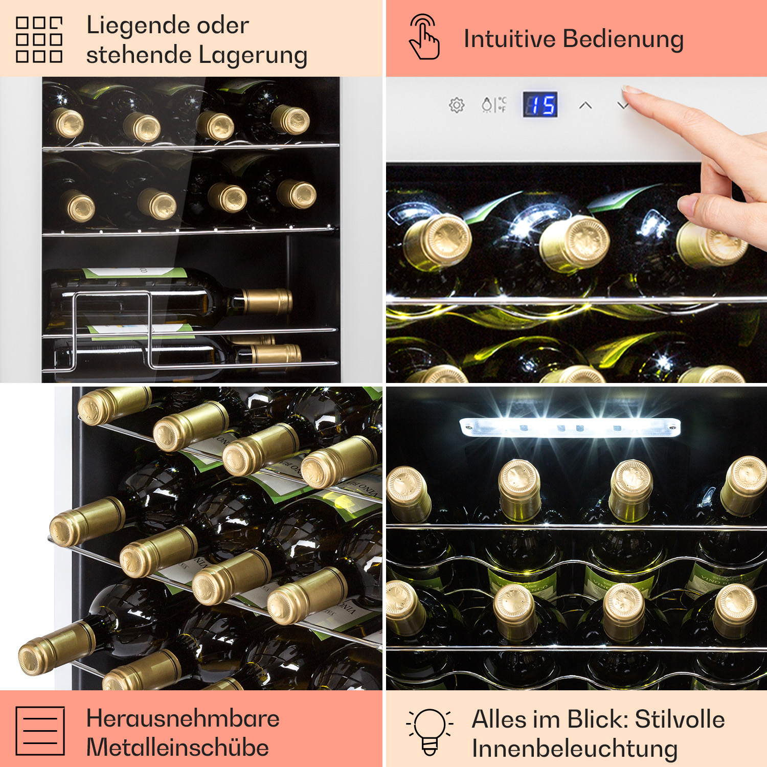 Bilder eines Weinkühlers mit Flaschenlagerung, Bedienfeld und Innenbeleuchtung.