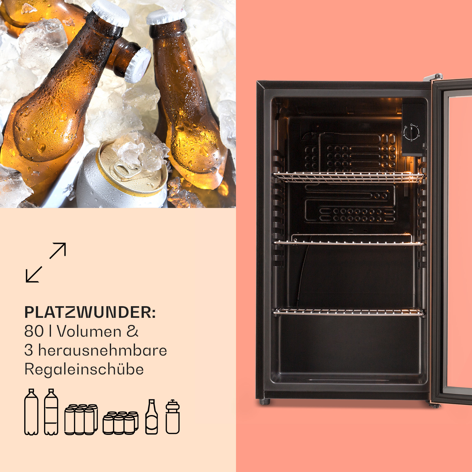 Una pequeña nevera negra con puerta abierta y botellas de cerveza dentro. Texto sobre volumen y estantes.