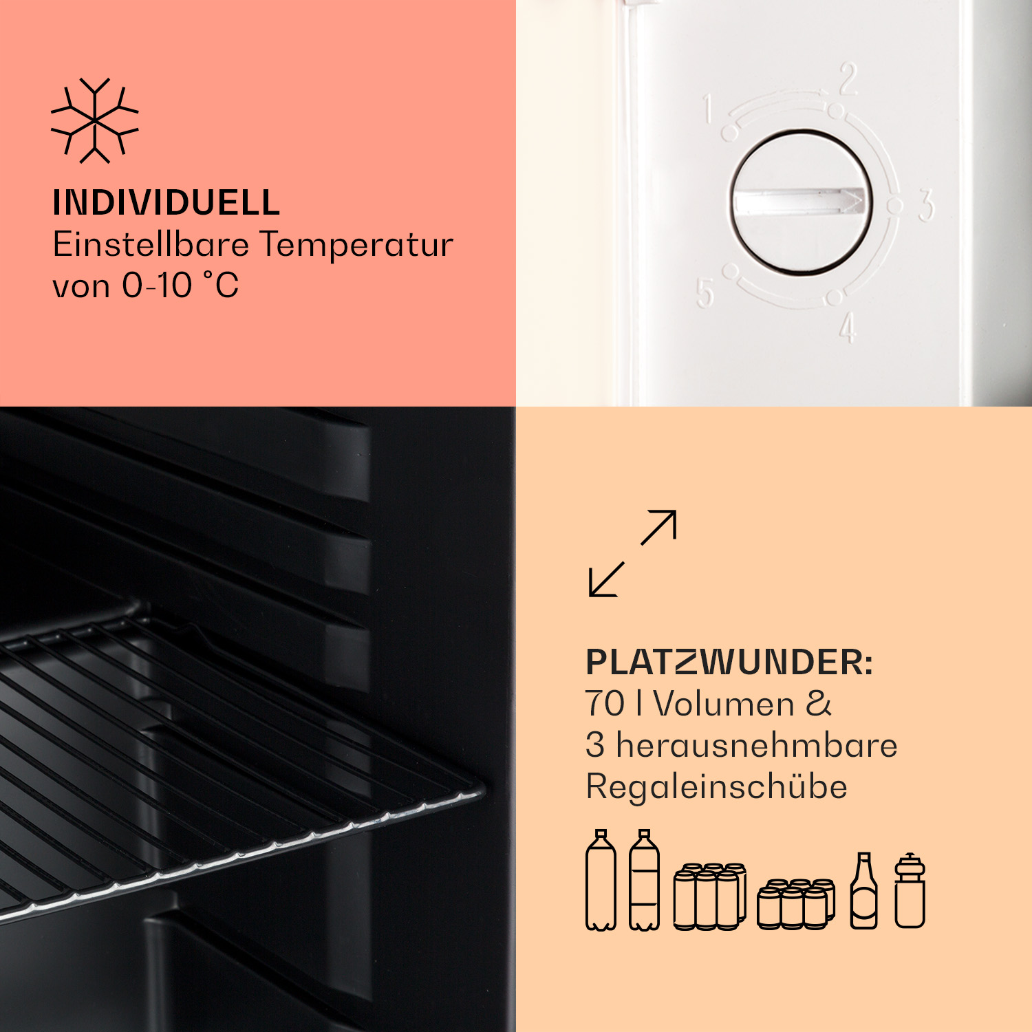 Detaillierte Ansicht des Kühlschrankinnenraums mit Text über einstellbare Temperatur und Speicherkapazität.