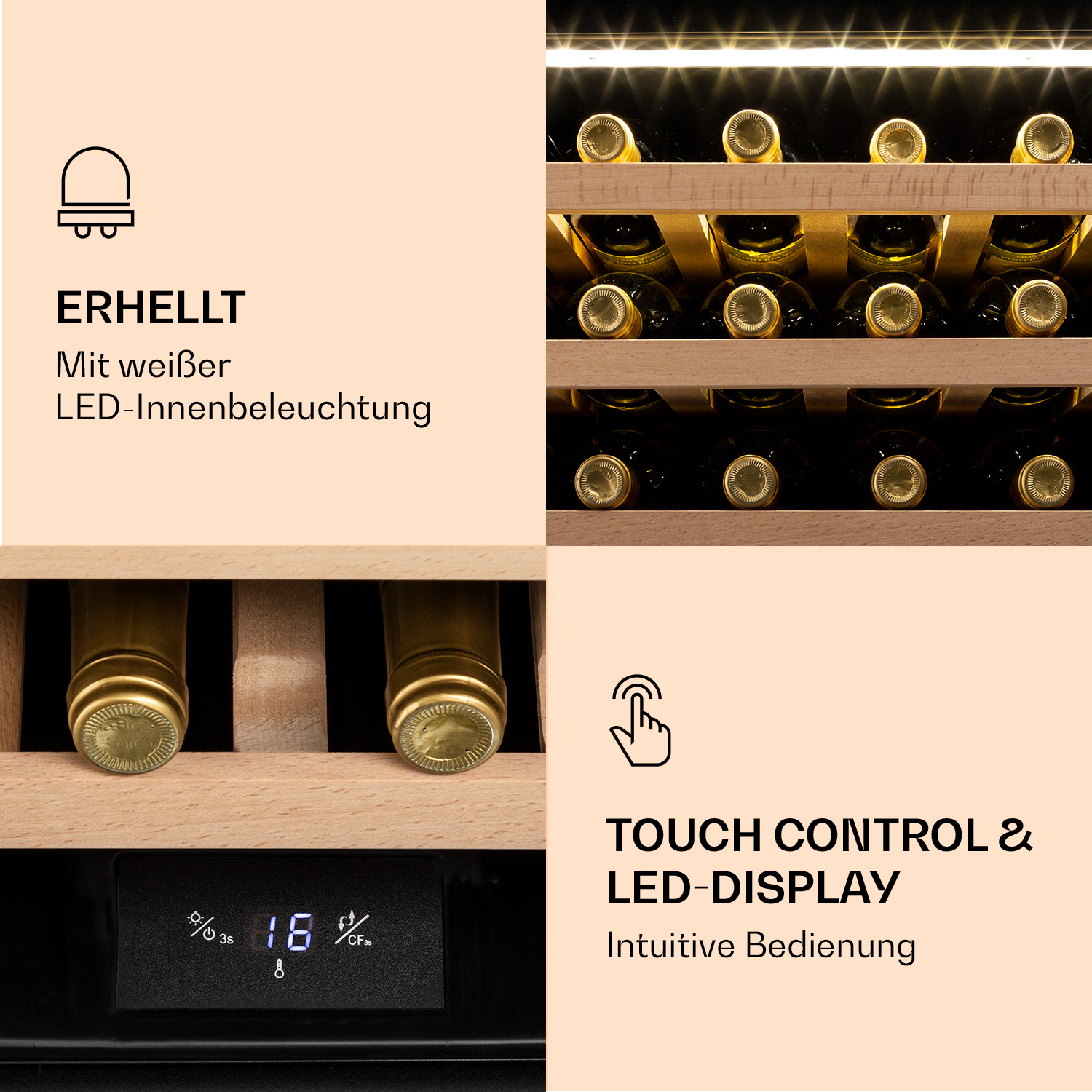 Interno cantinetta con bottiglie. Scaffali in legno, illuminazione LED, display touch.