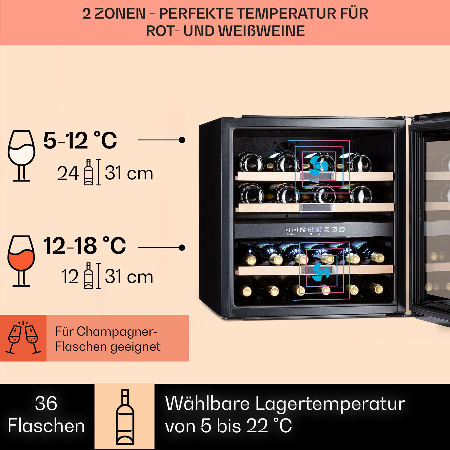 Cantinetta con porta aperta. Mostra gli intervalli di temperatura e la capacità.