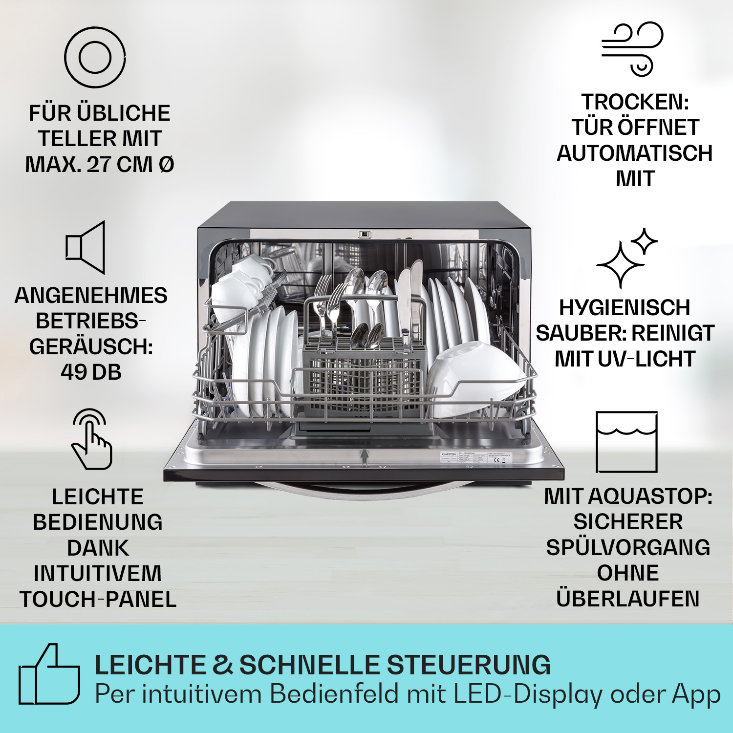 lavastoviglie KLARSTEIN Havasia UV 6 Luminance, Programmi 7, Dimensioni: L 55 cm, A 43,50 cm, P 54 cm, Rumorosità, Nero, Classe E