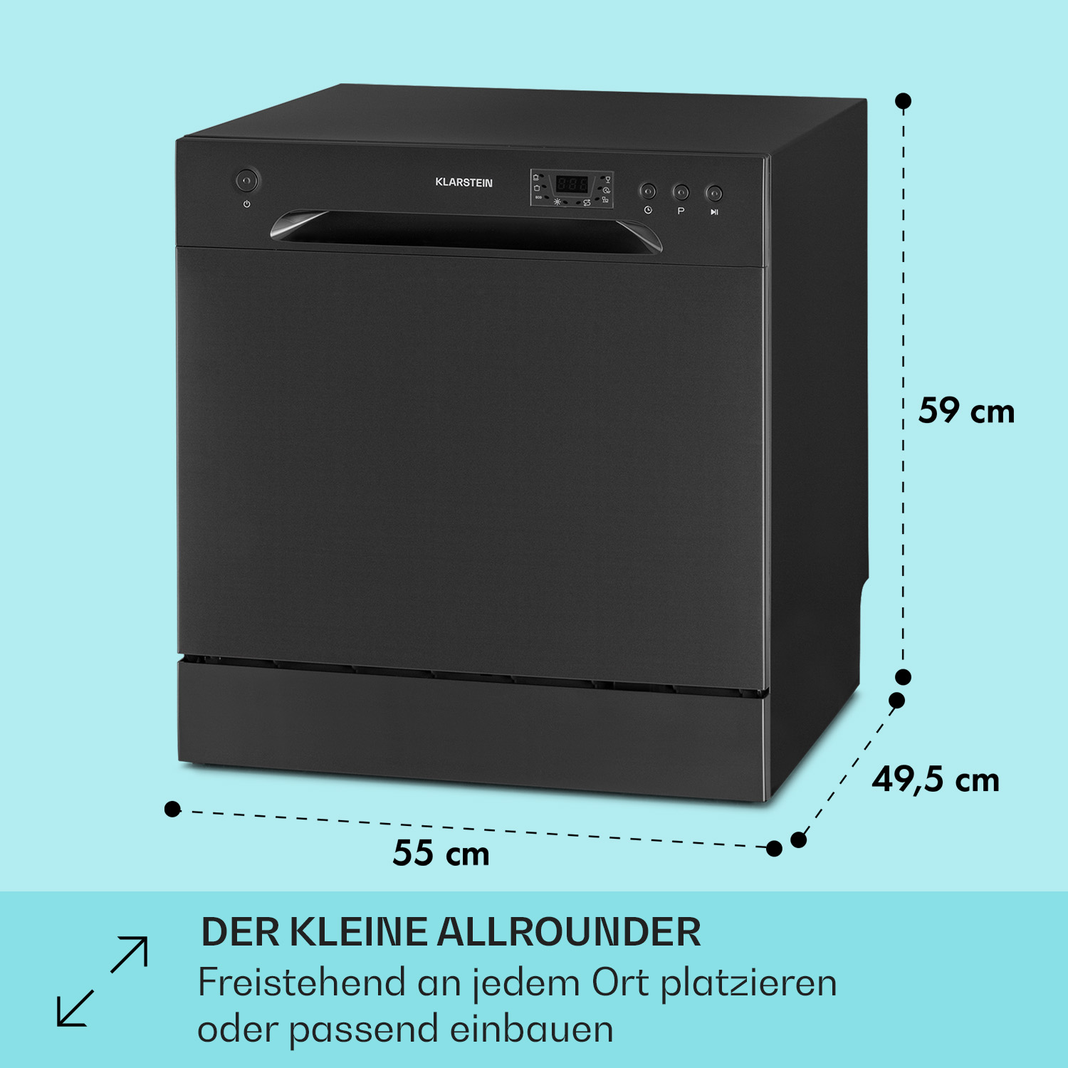 Lavavajillas negro con dimensiones. Tiene panel de control, puerta y marca 'Klarstein'.