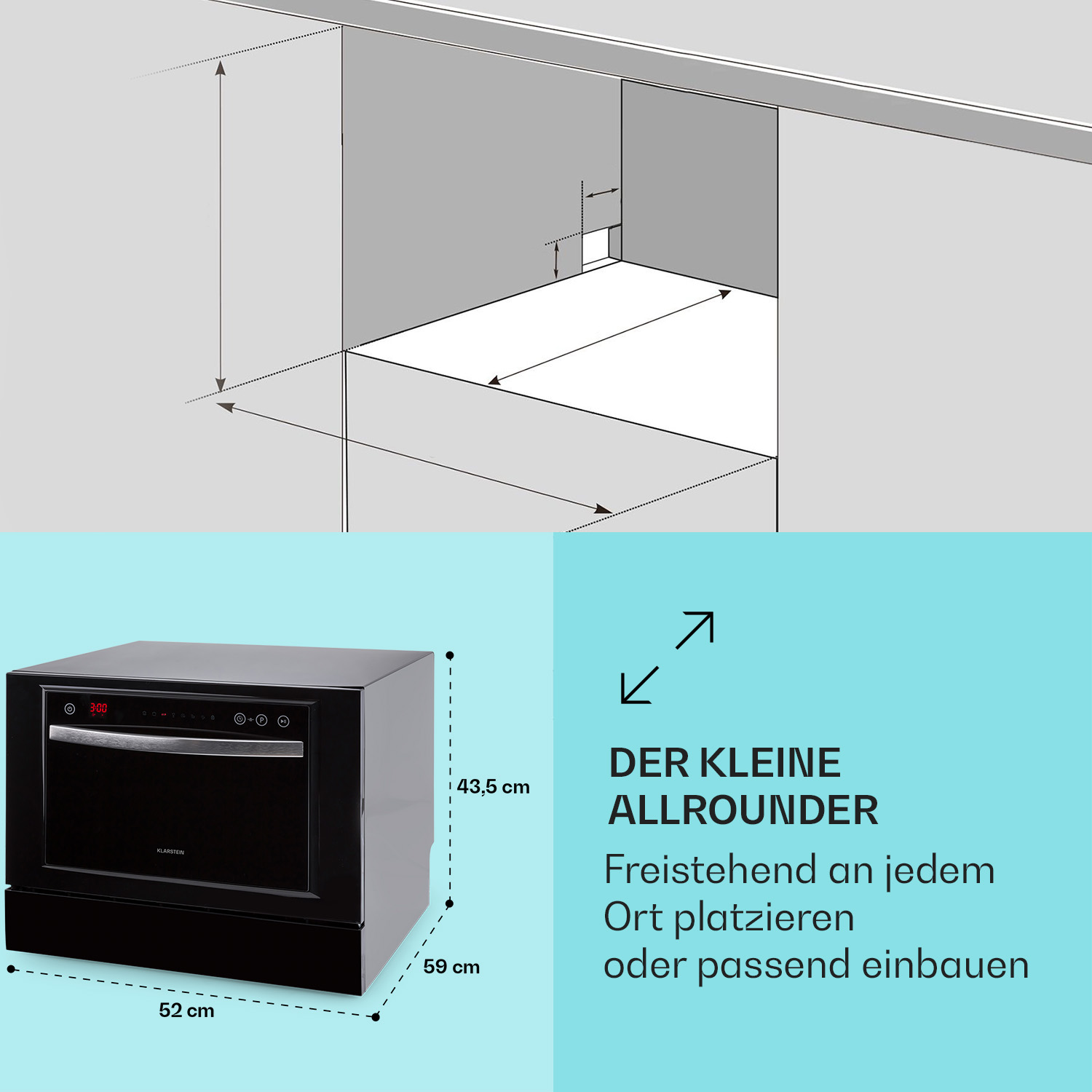 lavastoviglie KLARSTEIN Havasia UV 6 Luminance, Programmi 7, Dimensioni: L 55 cm, A 43,50 cm, P 54 cm, Rumorosità, Nero, Classe E