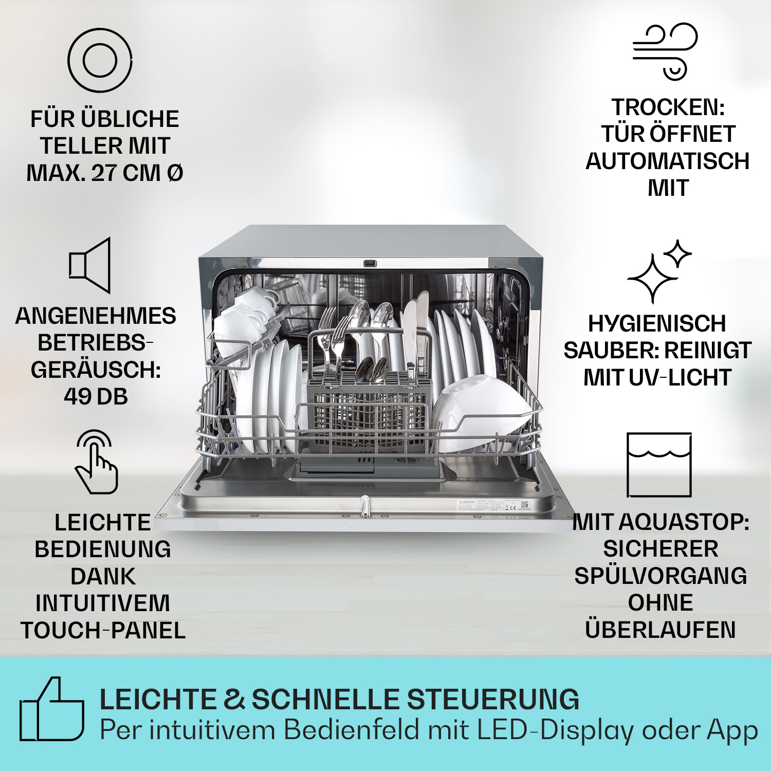 lavastoviglie KLARSTEIN Havasia UV 6 Luminance, Programmi 7, Dimensioni: L 55 cm, A 43,50 cm, P 54 cm, Rumorosità, Bianco, Classe E