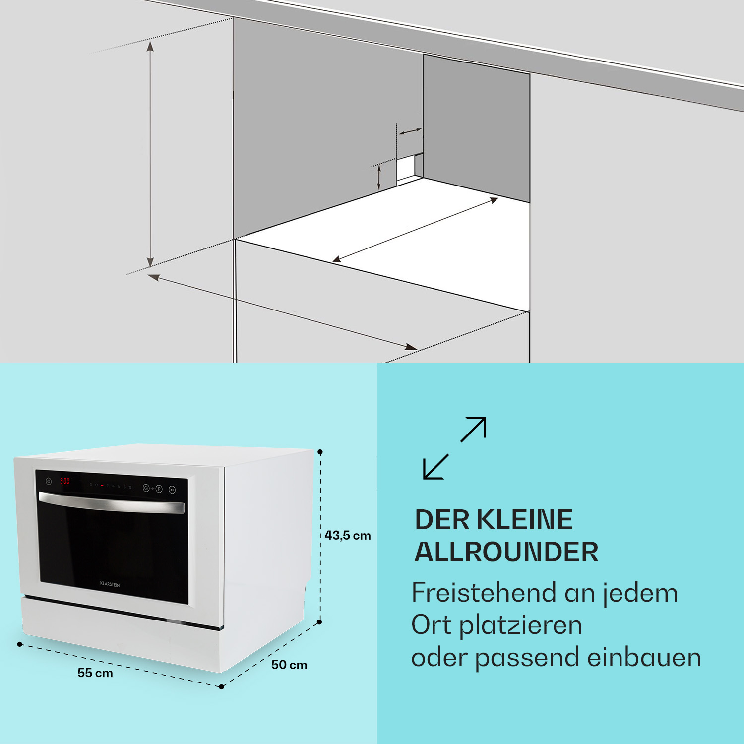 lavastoviglie KLARSTEIN Havasia UV 6 Luminance, Programmi 7, Dimensioni: L 55 cm, A 43,50 cm, P 54 cm, Rumorosità, Bianco, Classe E