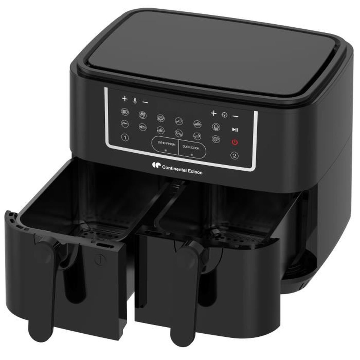 Schwarze Heißluftfritteuse mit zwei Körben. Sie hat ein digitales Display und verschiedene Bedientasten.