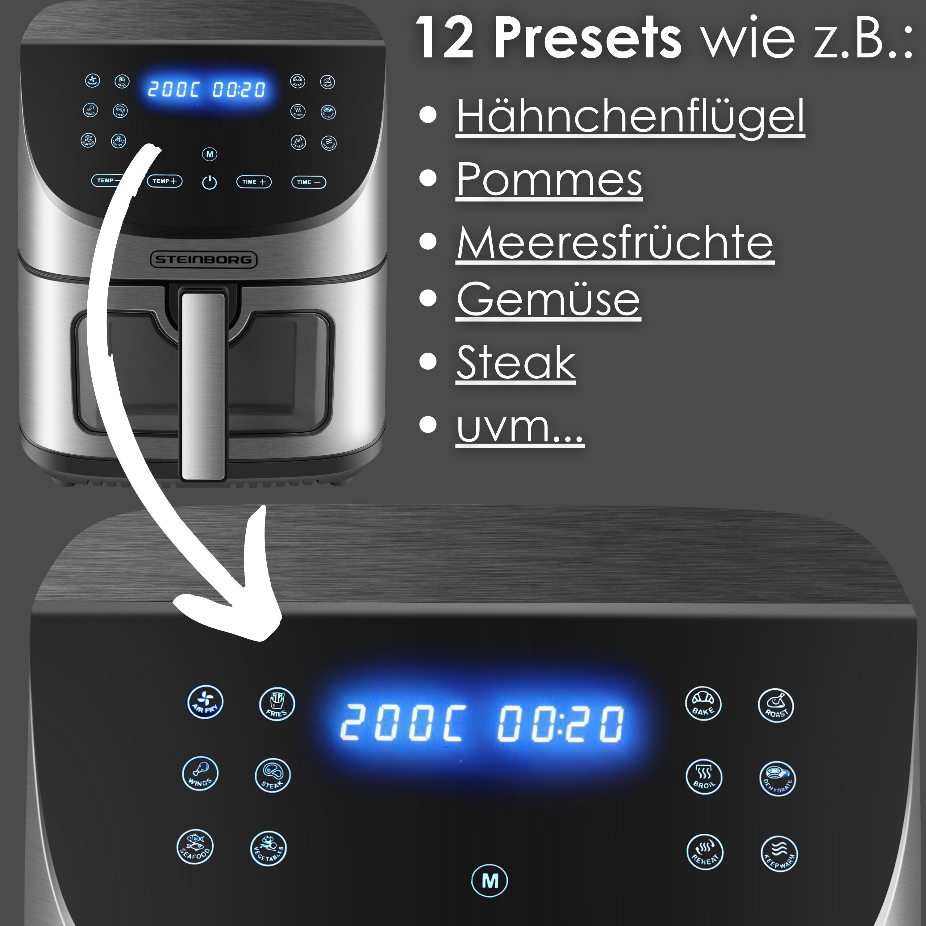 Friteuse à air avec affichage numérique. Affiche température et heure. Offre 12 préréglages pour la cuisson.
