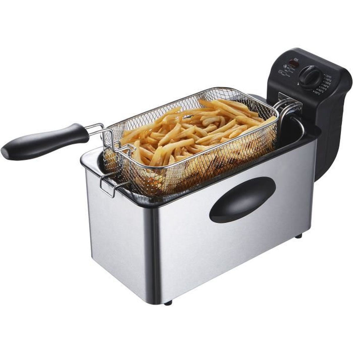 Eine silberne Fritteuse mit einem Korb Pommes Frites. Der Korb befindet sich im Öl, bereit zum Kochen.