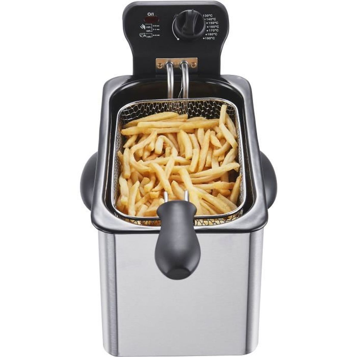 Draufsicht auf eine Edelstahl-Fritteuse mit Pommes Frites darin.