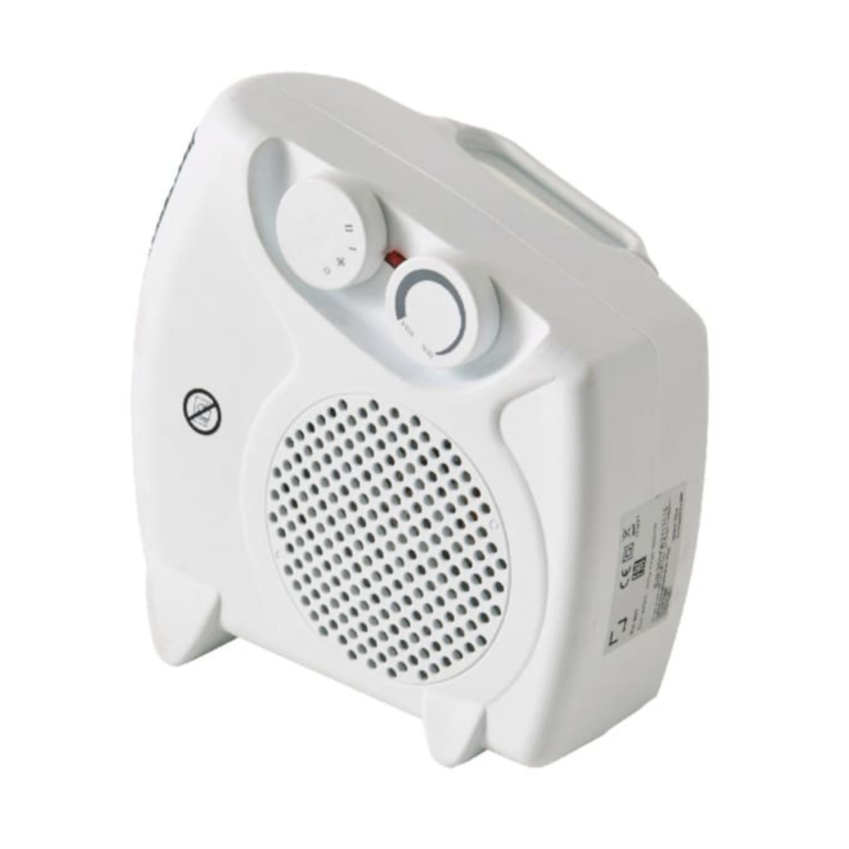 Un calefactor eléctrico blanco con dos perillas y una rejilla. Tiene un asa en la parte superior.