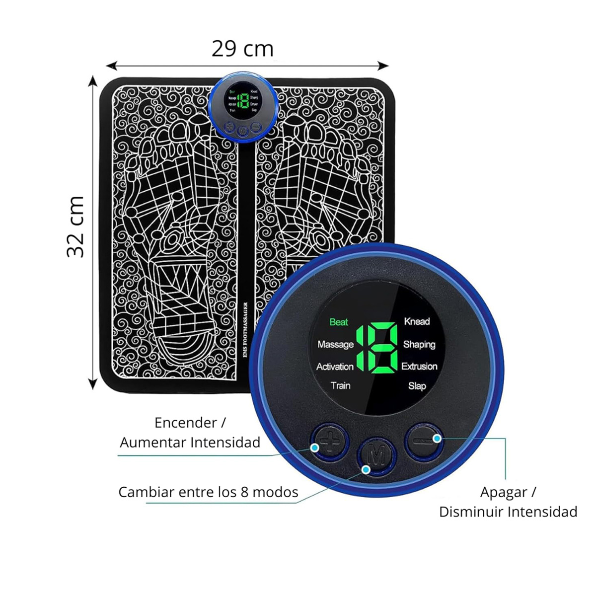 Dispositivo de masaje de pies con panel de control. Muestra configuraciones y un primer plano del panel.