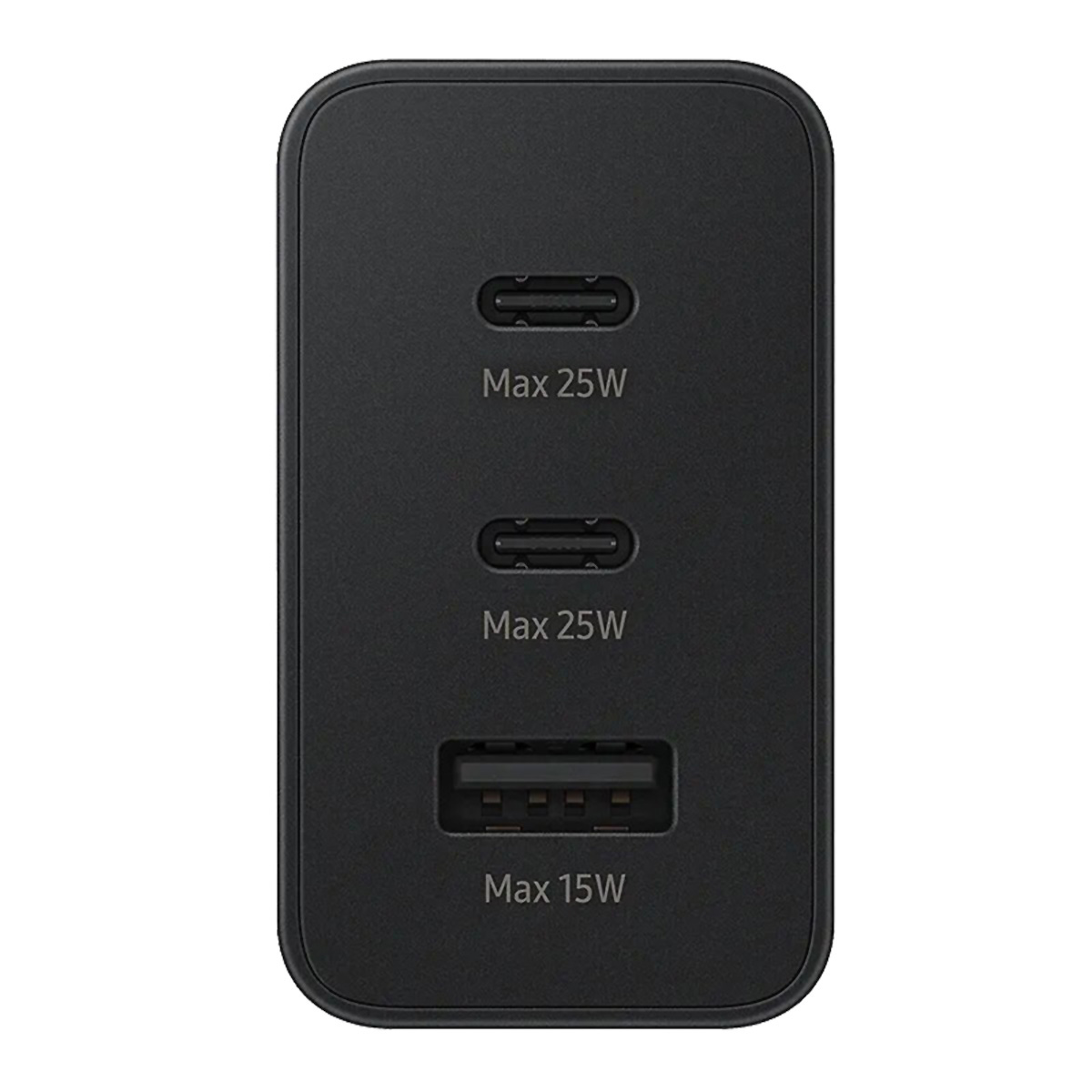 Adaptador de corriente negro con tres puertos: dos USB-C (Max 25W) y uno USB-A (Max 15W).