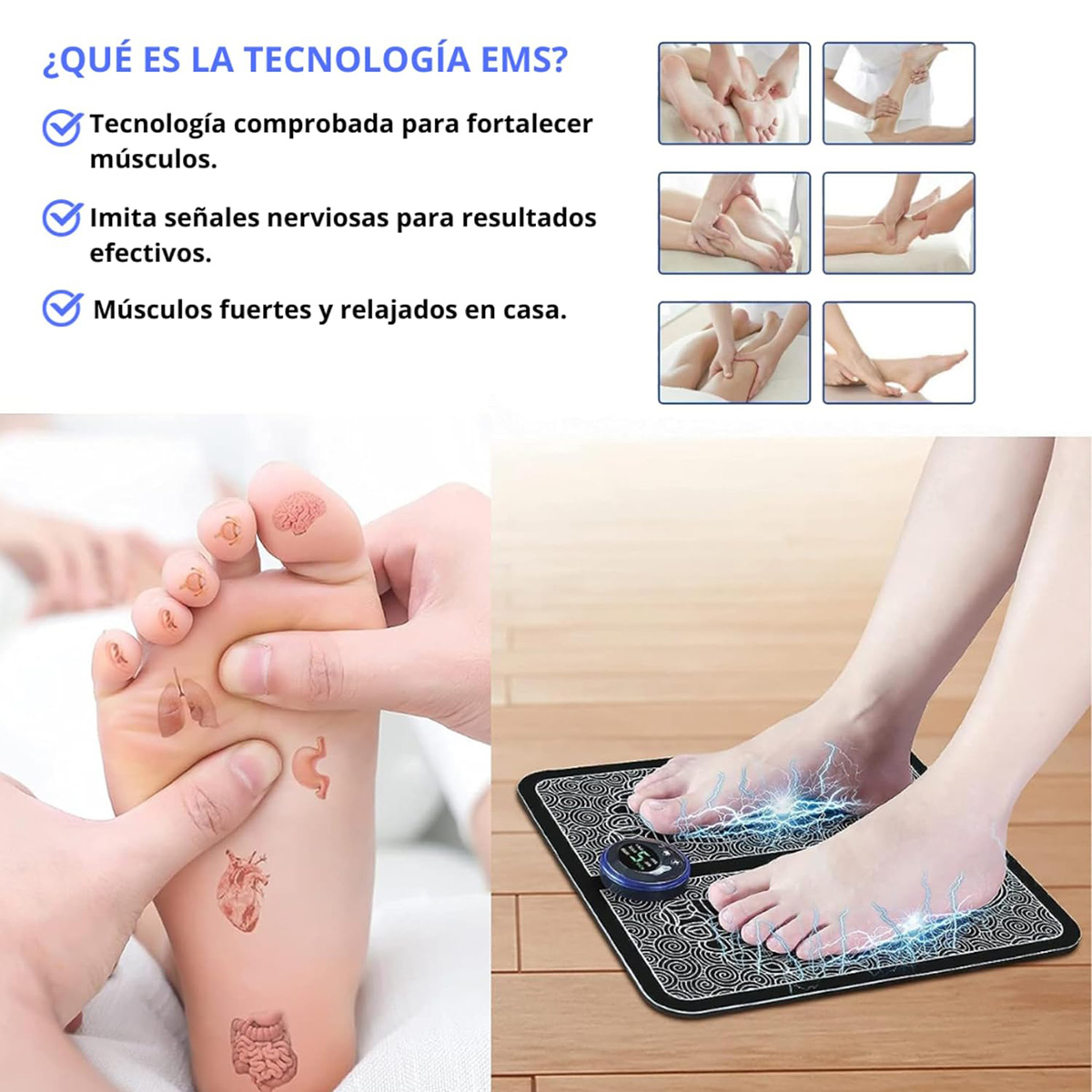 Imagen que muestra masaje de pies y tecnología EMS con texto en español. Diagramas de anatomía del pie.