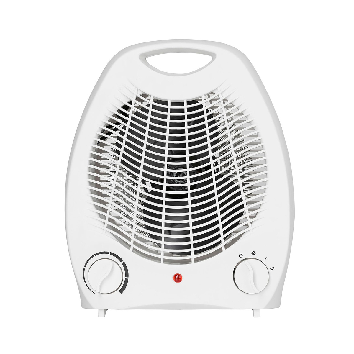 Calentador eléctrico blanco con ventilador y dos perillas de control. Luz indicadora roja visible.