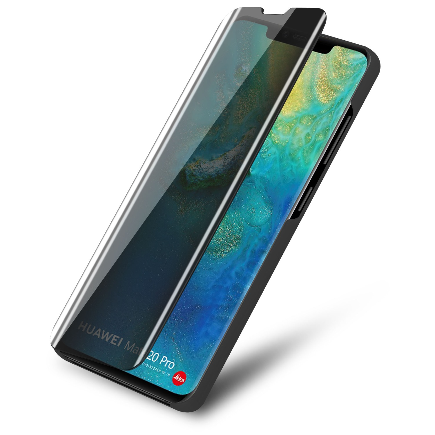 Telefon mit teilweise angebrachter Displayschutzfolie auf weißem Hintergrund.