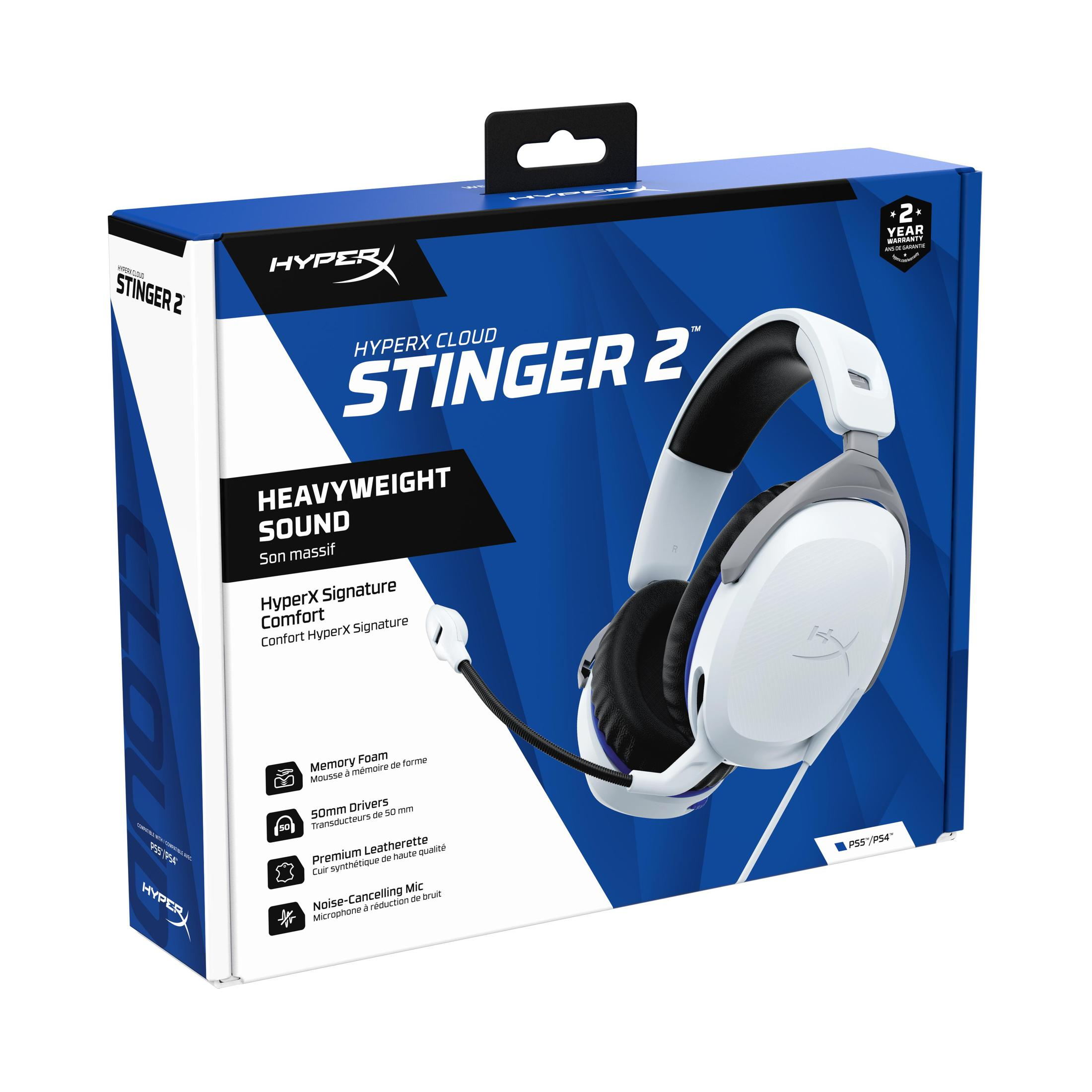 Biało-czarne pudełko słuchawek dla graczy HyperX Cloud Stinger 2 z widocznymi szczegółami produktu.
