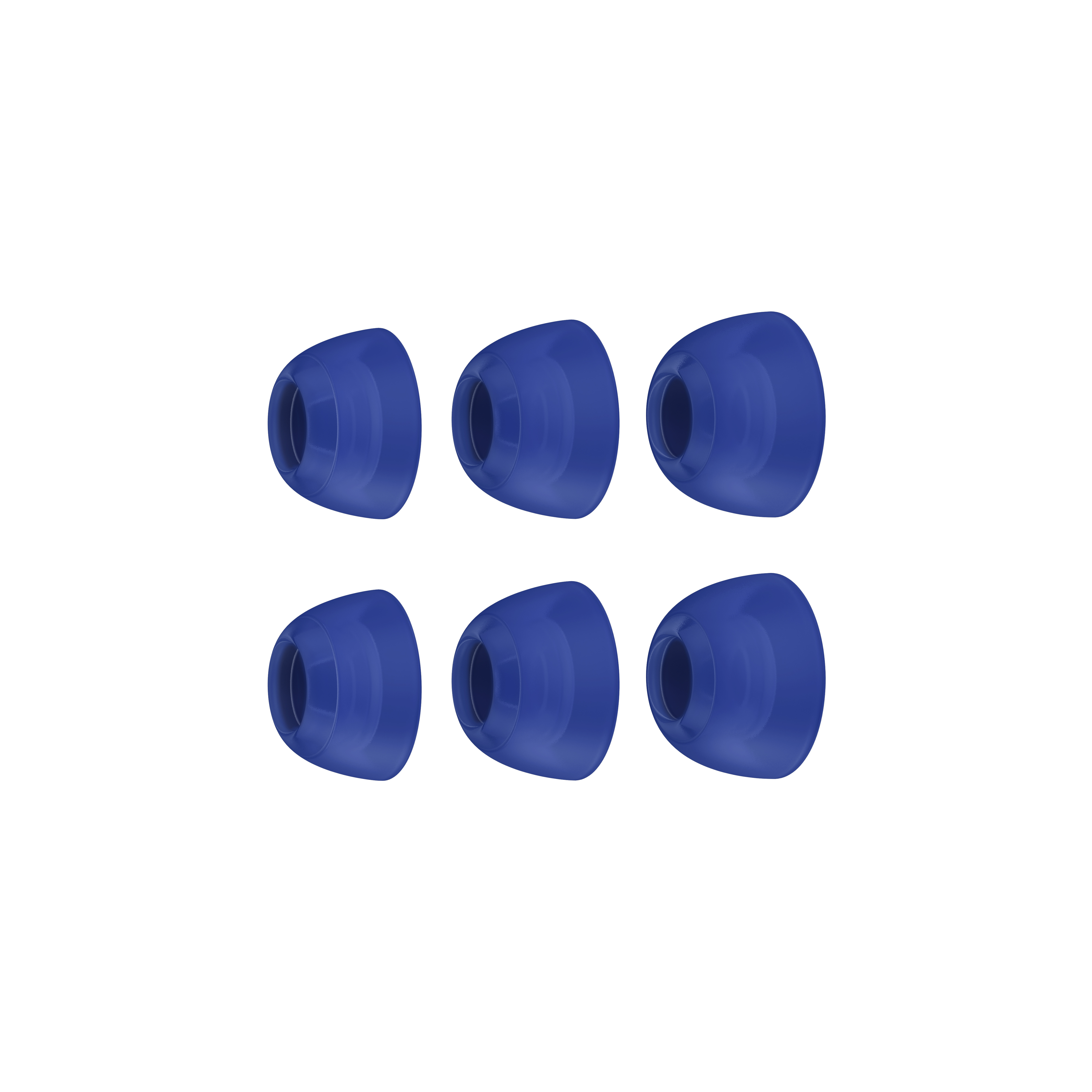 Sechs blaue Ohrstöpsel in zwei Reihen. Sie sind klein, konisch und für den In-Ear-Gebrauch konzipiert.