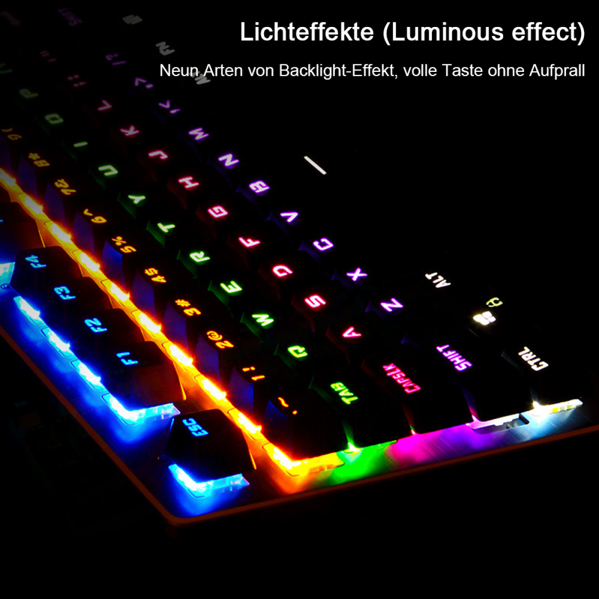 Nahaufnahme einer beleuchteten Tastatur; die Tasten leuchten in verschiedenen Farben.