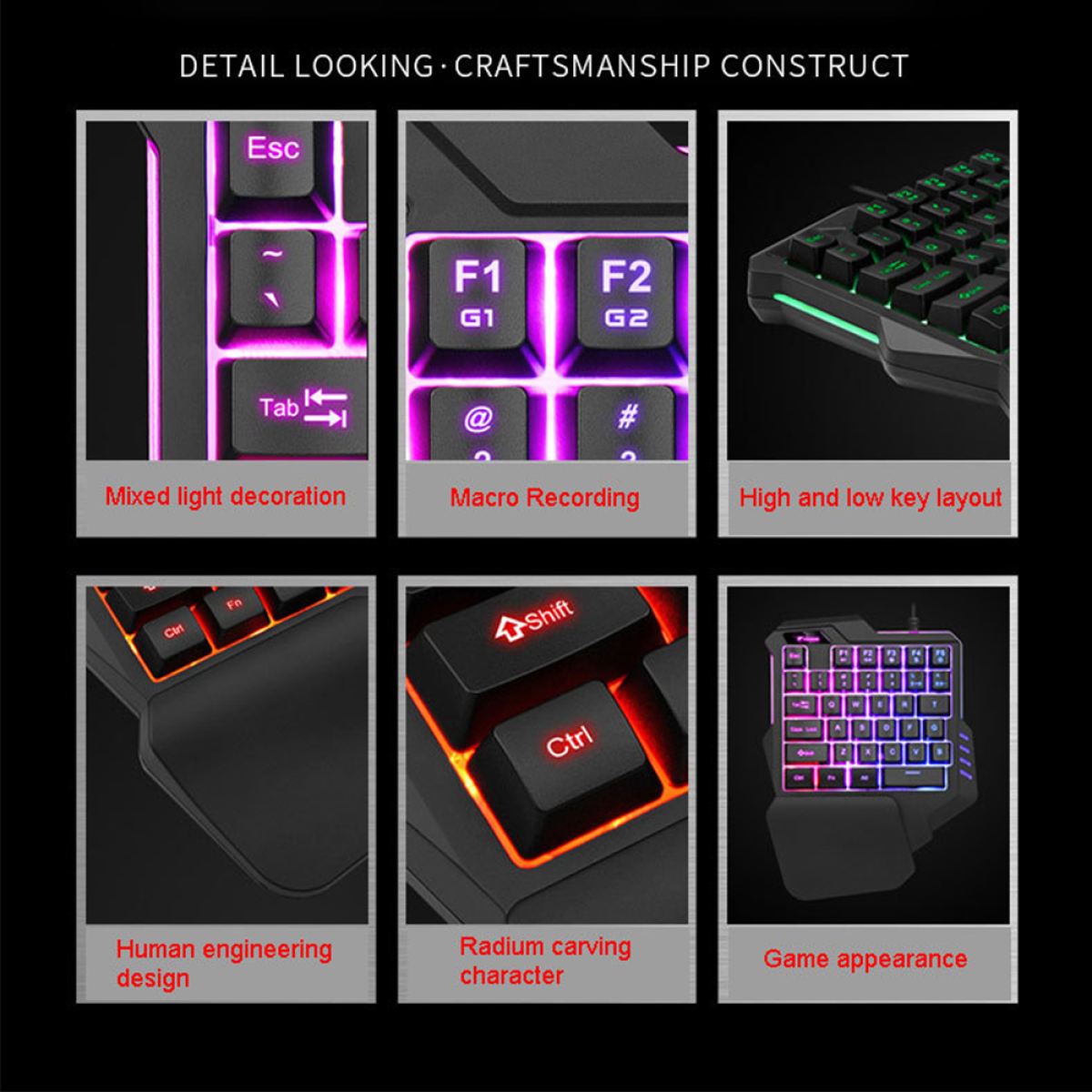 Eine Tastatur mit leuchtenden Tasten. Details umfassen gemischte Lichtdekoration, Makroaufzeichnung und menschliches Engineering-Design.