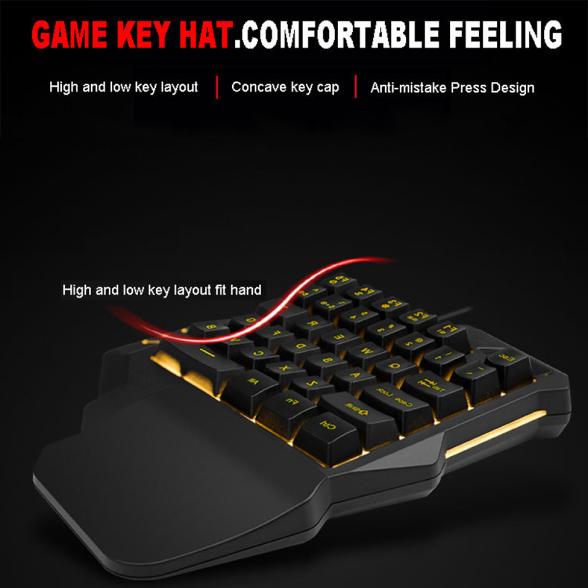Schwarzes Gaming-Keypad mit gelb hinterleuchteten Tasten, auf schwarzem Grund, mit Text.