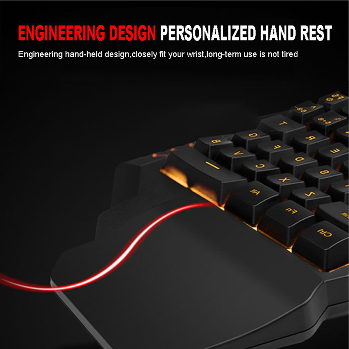 Schwarze Tastatur mit orangefarbenen Tasten mit Hintergrundbeleuchtung.