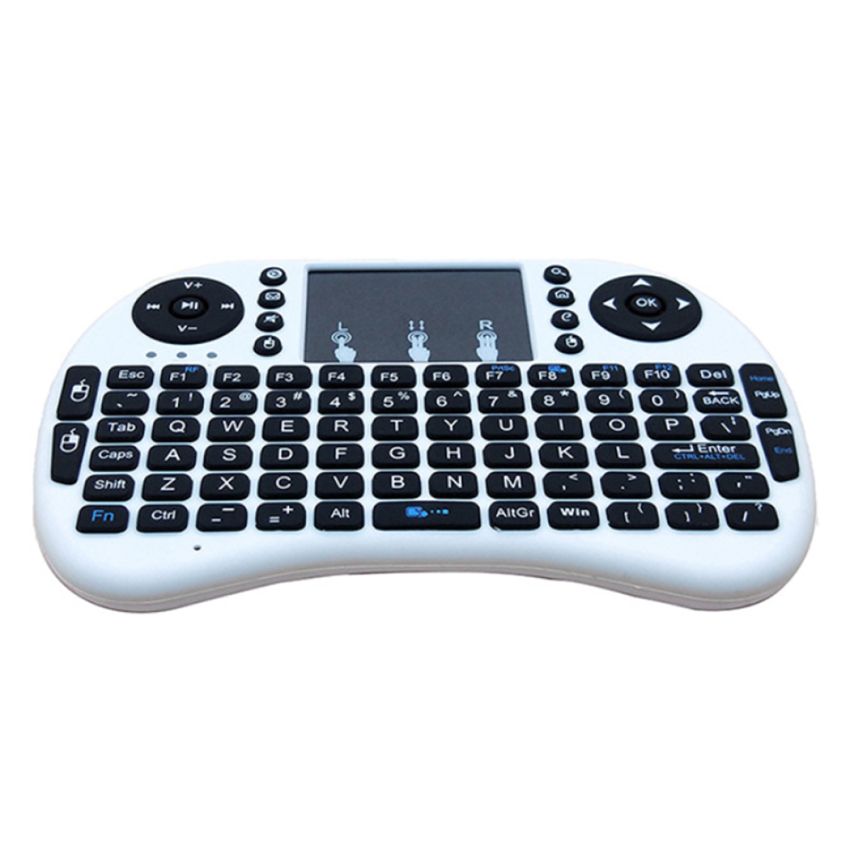 Weiße Mini-Tastatur mit Touchpad und verschiedenen Tasten, darunter Fn- und Strg-Taste.