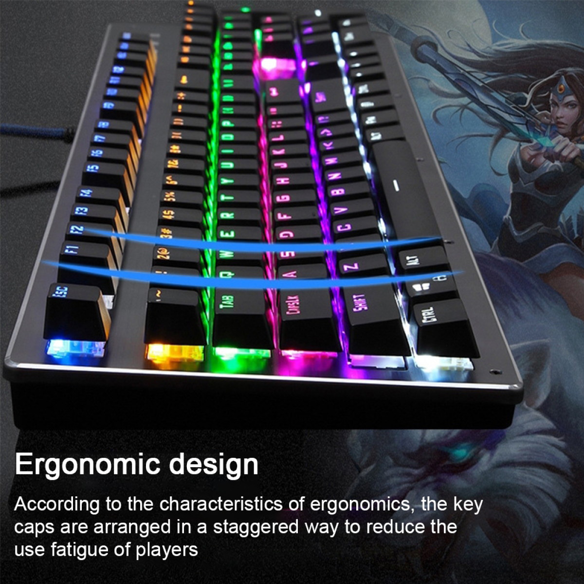 Eine schwarze Gaming-Tastatur mit mehrfarbigen Tasten. Im Hintergrund ist eine Kriegerin zu sehen.