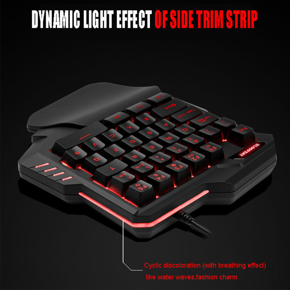 Gaming-Tastatur mit roter Beleuchtung, die Tasten und die Seitenverkleidung zeigt.