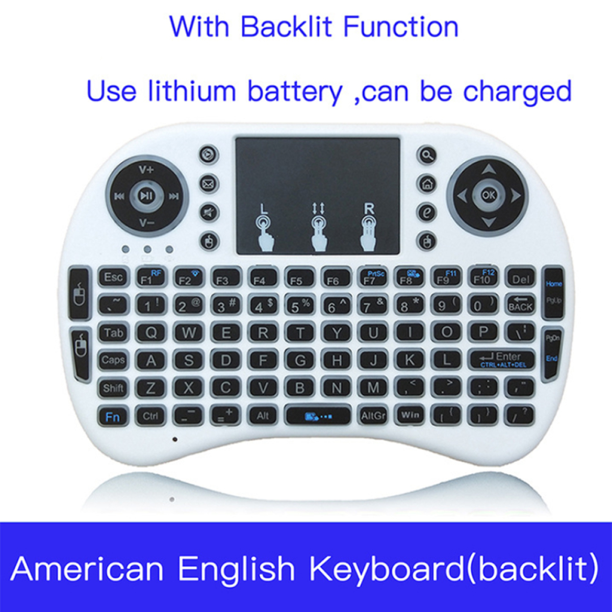 Weiße amerikanische englische Tastatur mit Touchpad. Text sagt 'With Backlit Function', 'Can be charged'.
