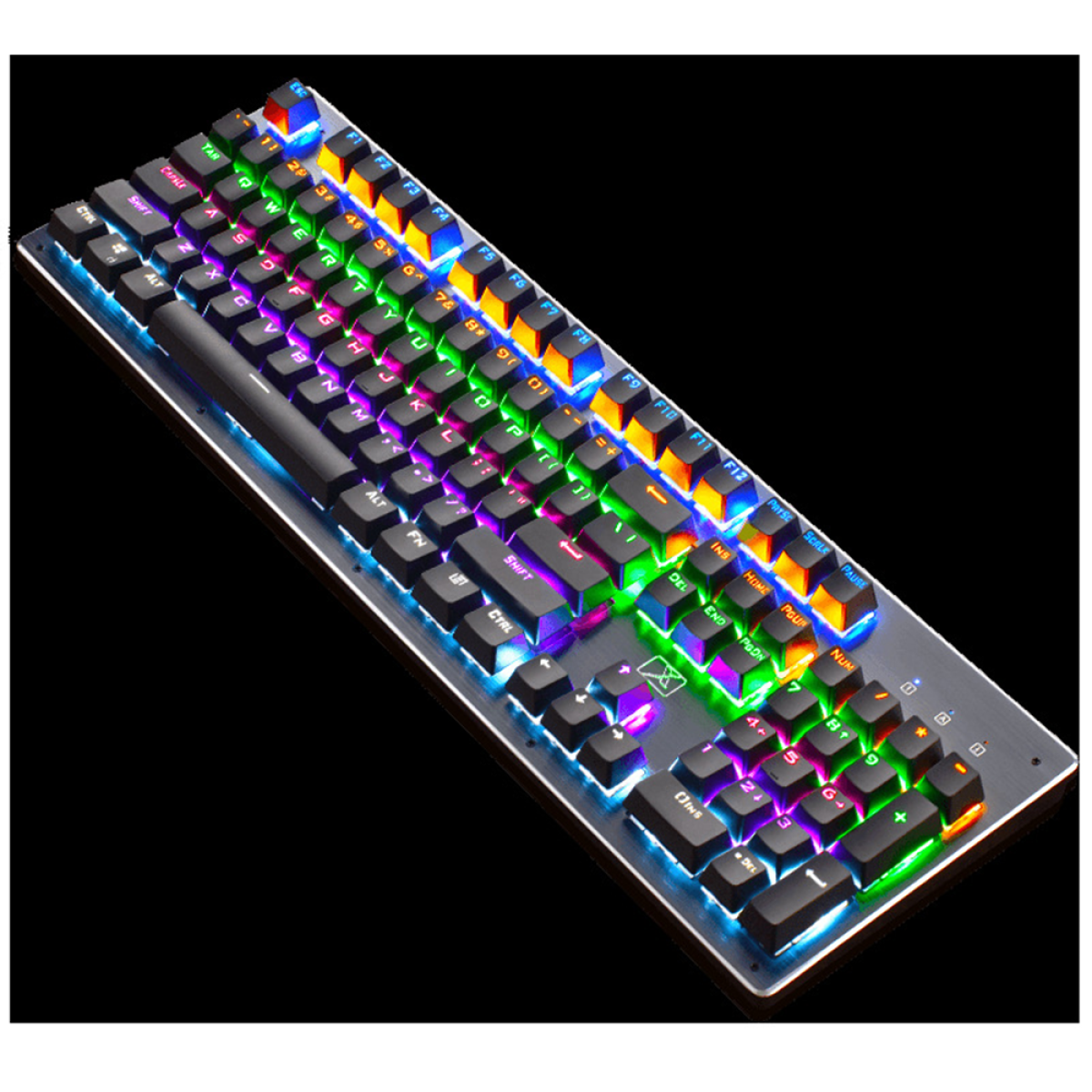 Beleuchtete mechanische Tastatur mit bunten Tasten auf dunkler Oberfläche, schräge Ansicht.