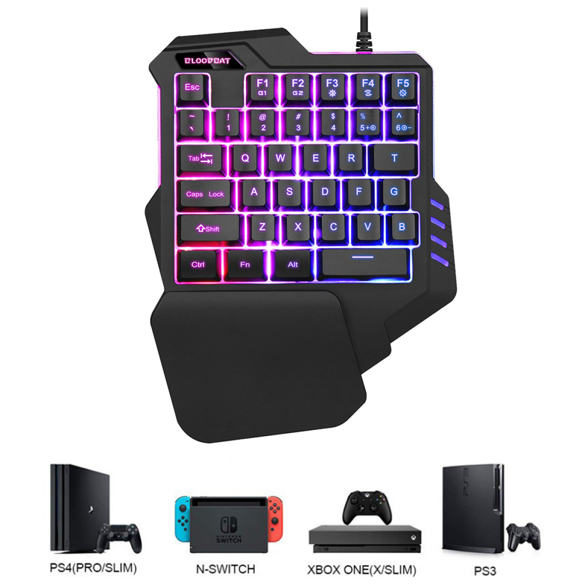 Gaming-Tastatur mit bunten Tasten und verschiedenen Konsolen unten.