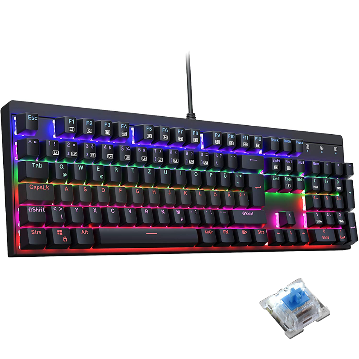 Schwarze mechanische Tastatur mit RGB-Beleuchtung. Ein Schalter wird separat gezeigt.