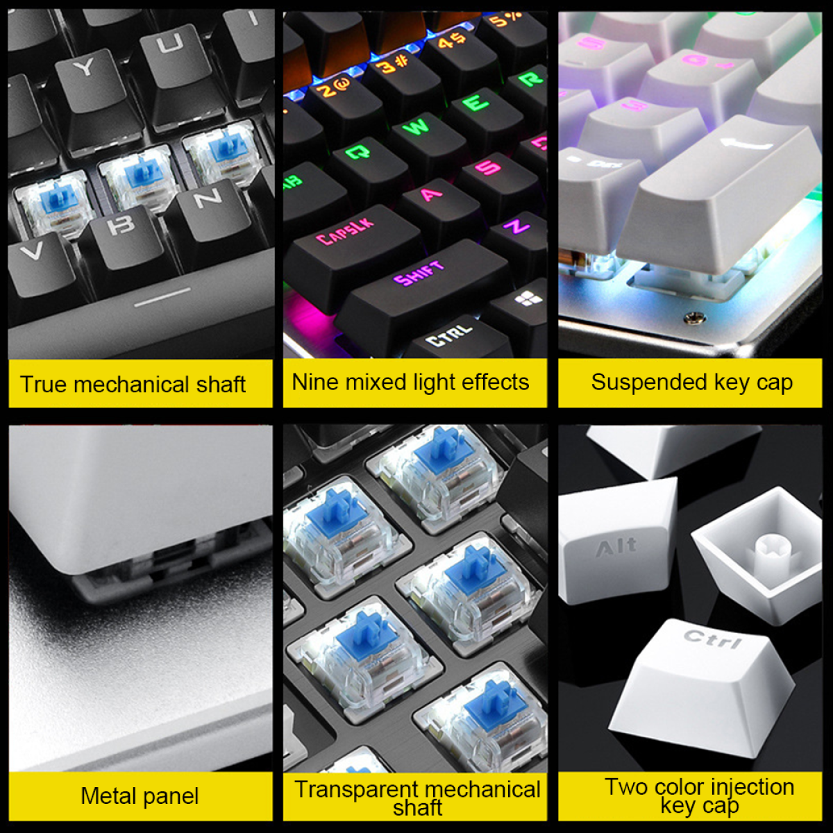 Nahaufnahmen von mechanischen Tastaturtasten, die zeigen: Schäfte, Lichteffekte und Tastenkappen.