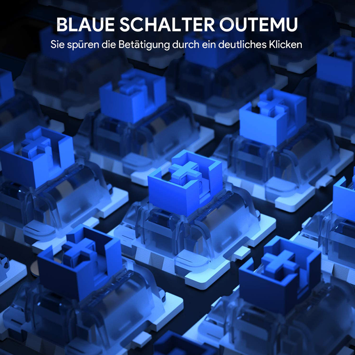 Blaue mechanische Tastaturtasten, Nahaufnahme, Schalter.