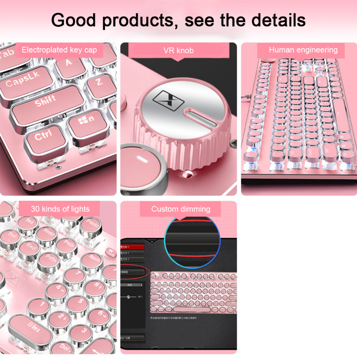 Pinke mechanische Tastatur mit Nahaufnahmen von Tastenkappen, Drehregler und Lichtern.