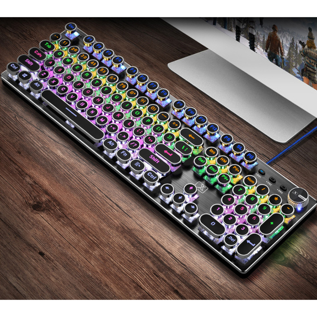 Mechanische Tastatur im Retro-Stil mit bunten Hintergrundbeleuchtungstasten auf Holz.