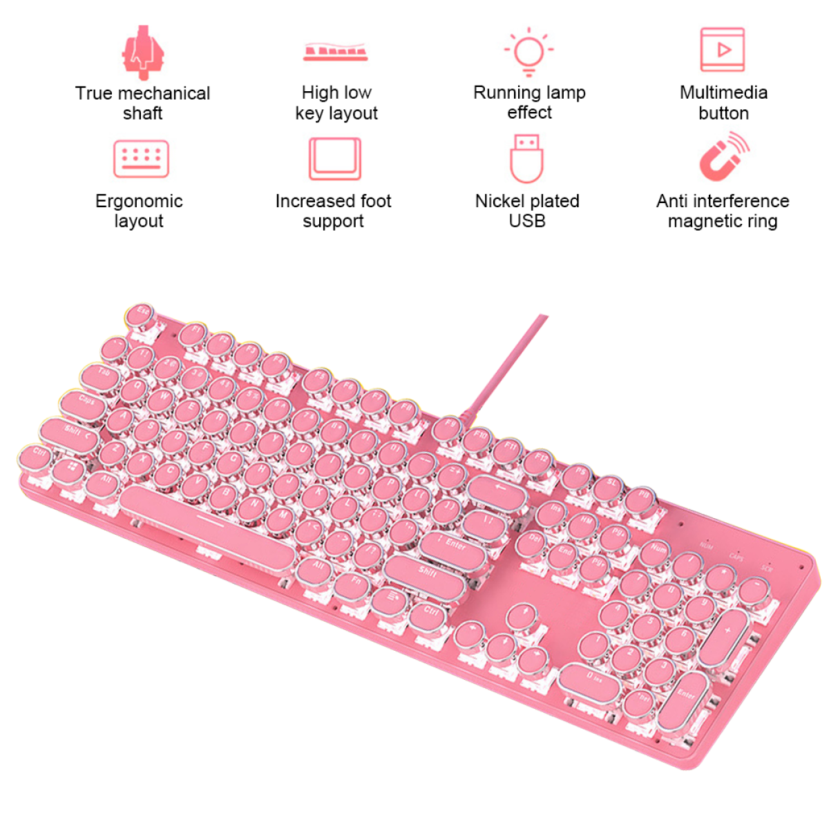 Rosa Tastatur mit runden Tasten. Die Tastatur hat ein rosa Kabel und Symbole über den Tasten.