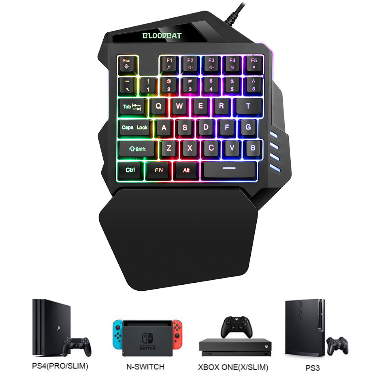 Gaming-Tastatur mit Regenbogen-Hintergrundbeleuchtung und Konsolen: PS4, Switch, Xbox, PS3.
