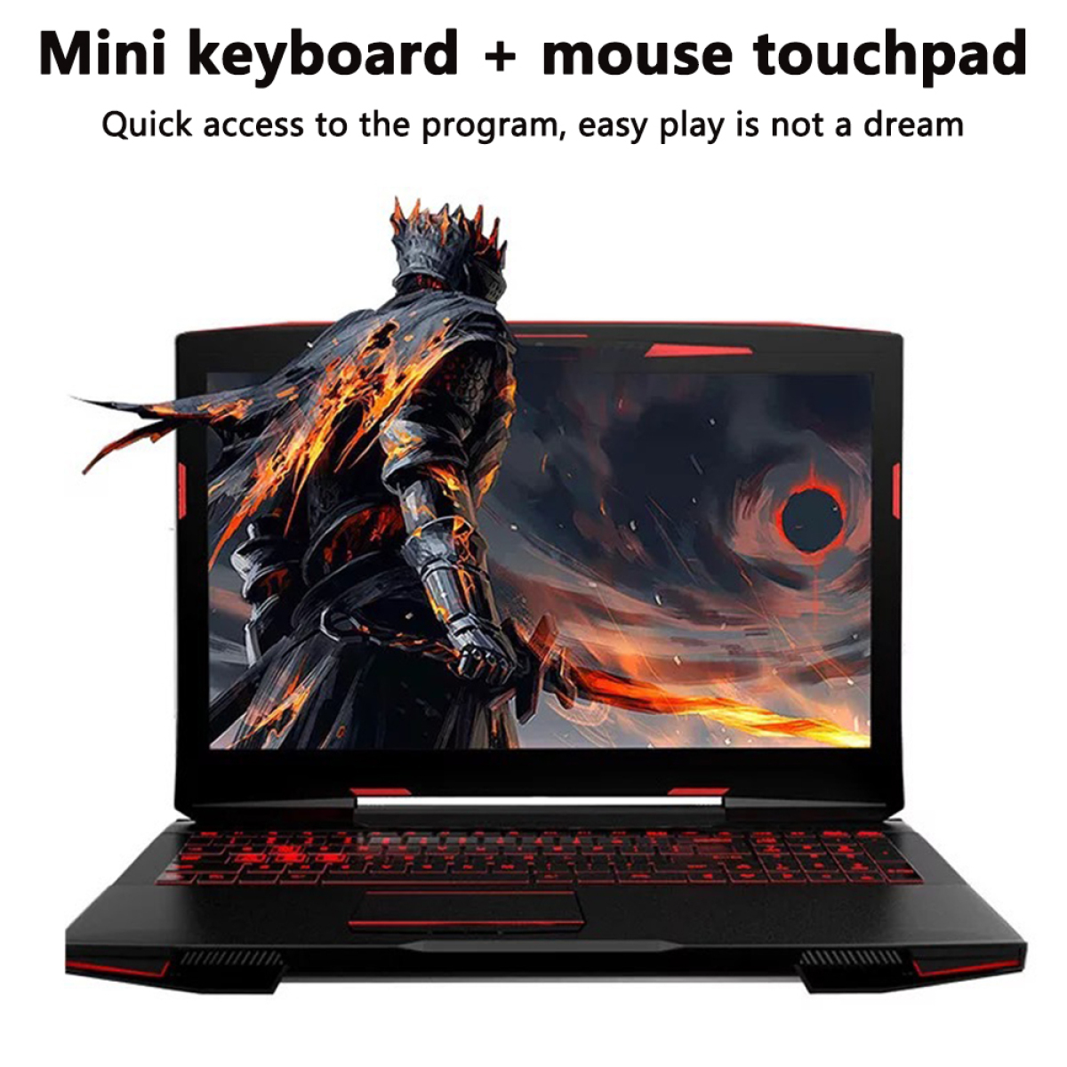 Laptop mit Bildschirm, der einen Ritter zeigt, mit Tastatur und Maus-Touchpad.