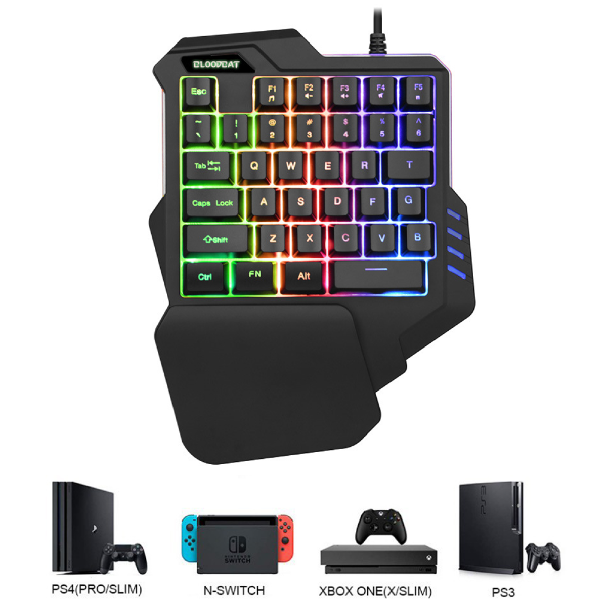 Schwarze Gaming-Tastatur mit bunten Tasten. Unten sind Spielkonsolen: PS4, Switch, Xbox und PS3.