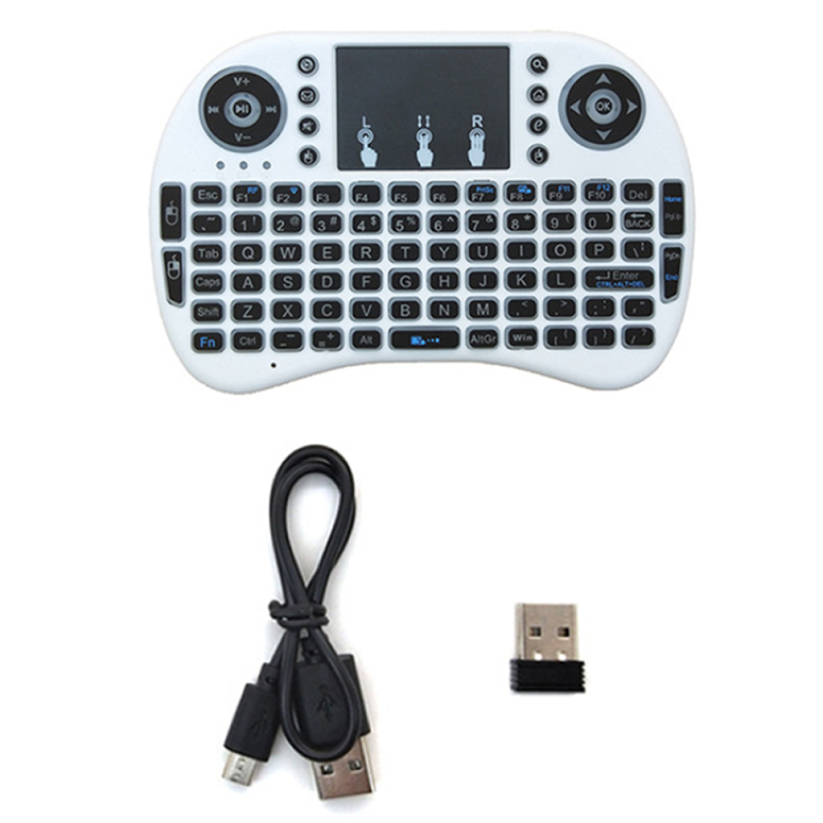 Weiße Mini-Tastatur mit Touchpad, USB-Kabel und USB-Empfänger.