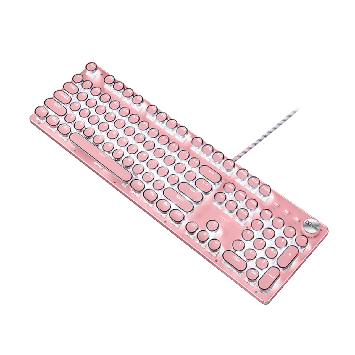 Eine rosa Tastatur mit runden Tasten und einem weißen Kabel. Die Tasten sind beleuchtet.