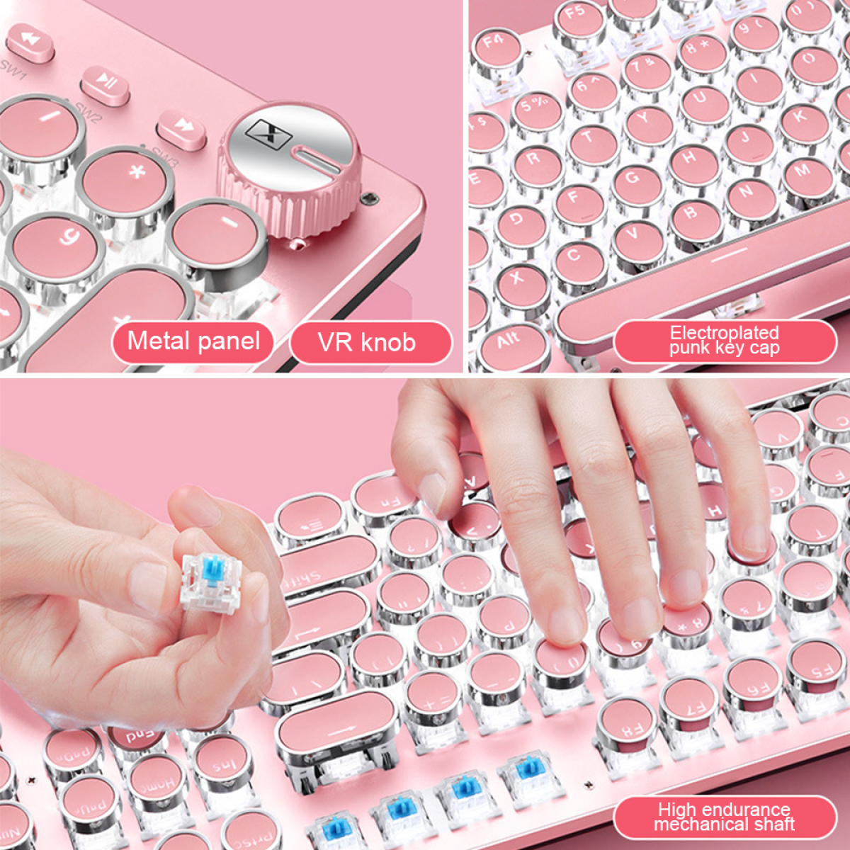 Rosa mechanische Tastatur mit Metallplatte, VR-Knopf und Tastenkappen auf weißer Oberfläche.