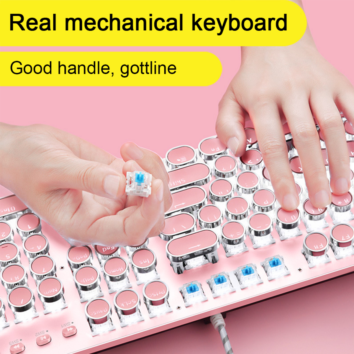 Pinke mechanische Tastatur mit Händen, die eine Komponente zeigen.