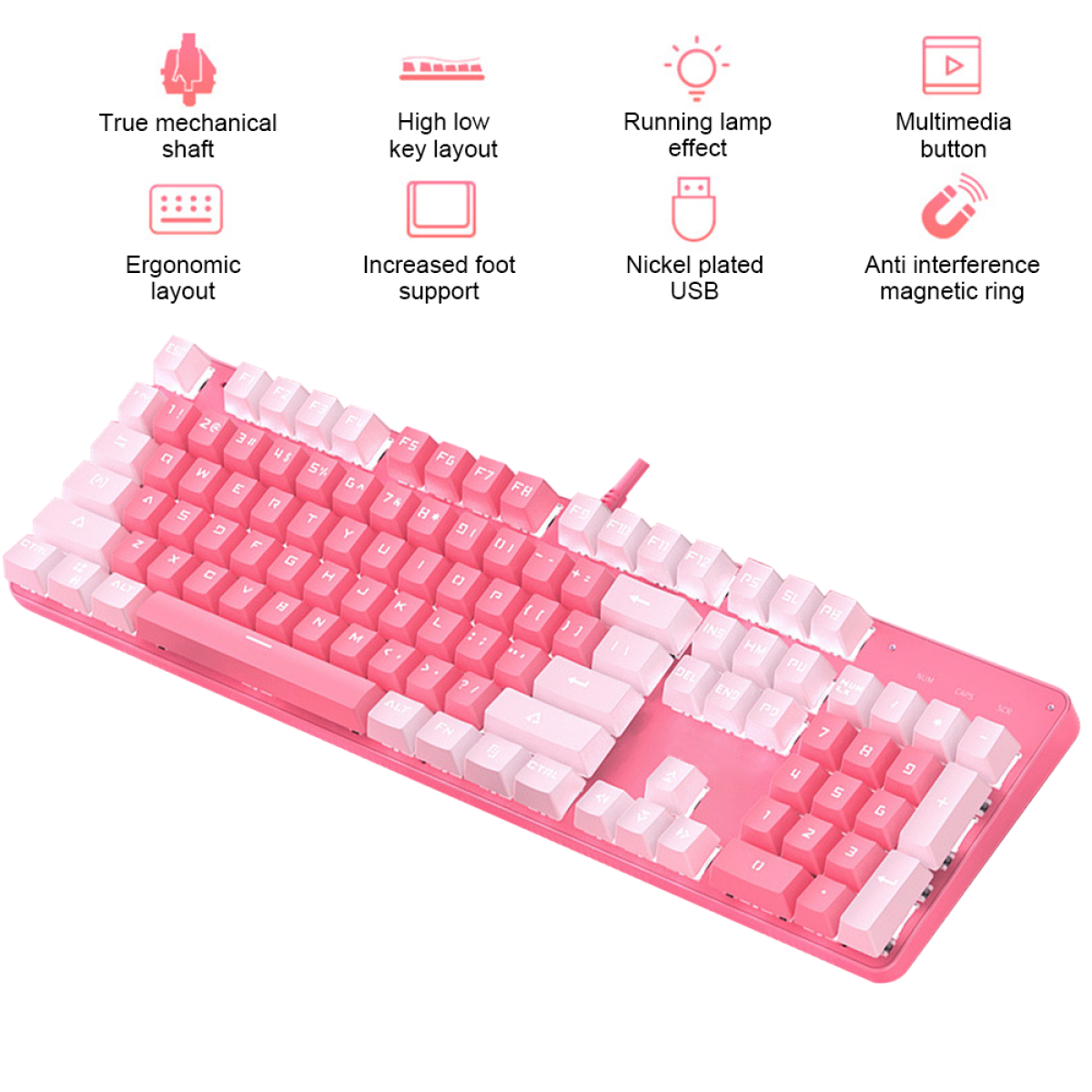 Eine pinkfarbene mechanische Tastatur. Beschriftungen weisen auf Funktionen wie ergonomisches Layout, USB und Anti-Interferenz-Ring hin.
